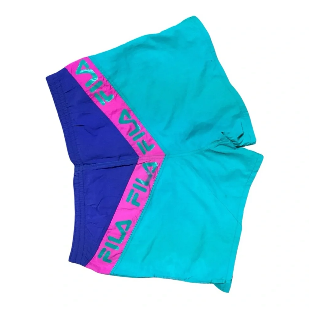 💥 Vintage FILA 80s Colorblock Swim Shorts | Teal Pink‎ Purple Retro Logo M